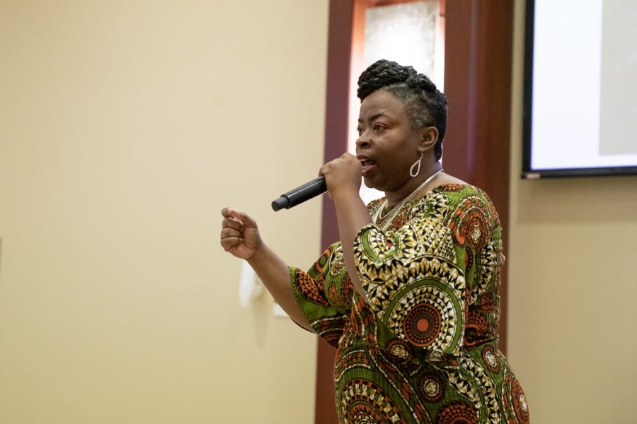Regina Platt, a racial justice advocacy coordinator with YMCA in northeast Kansas, spoke to students, faculty and staff during SGAs first Diversity, Equity and Inclusion symposium. Platt addressed dismantling stereotypes and racism in society.
