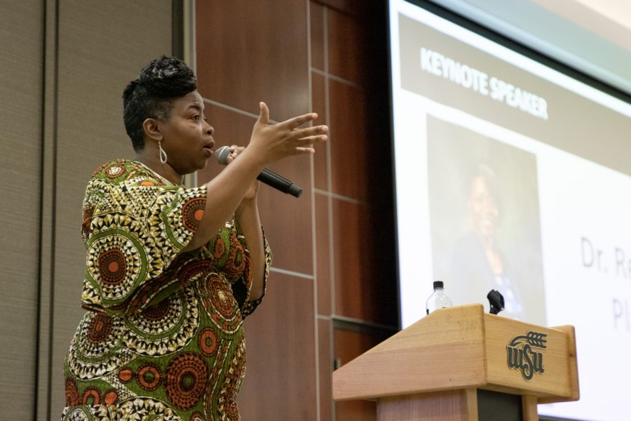 Regina Platt, a racial justice advocacy coordinator with YMCA in northeast Kansas, spoke to students, faculty and staff during SGAs first Diversity, Equity and Inclusion symposium. Platt addressed dismantling stereotypes and racism in society.