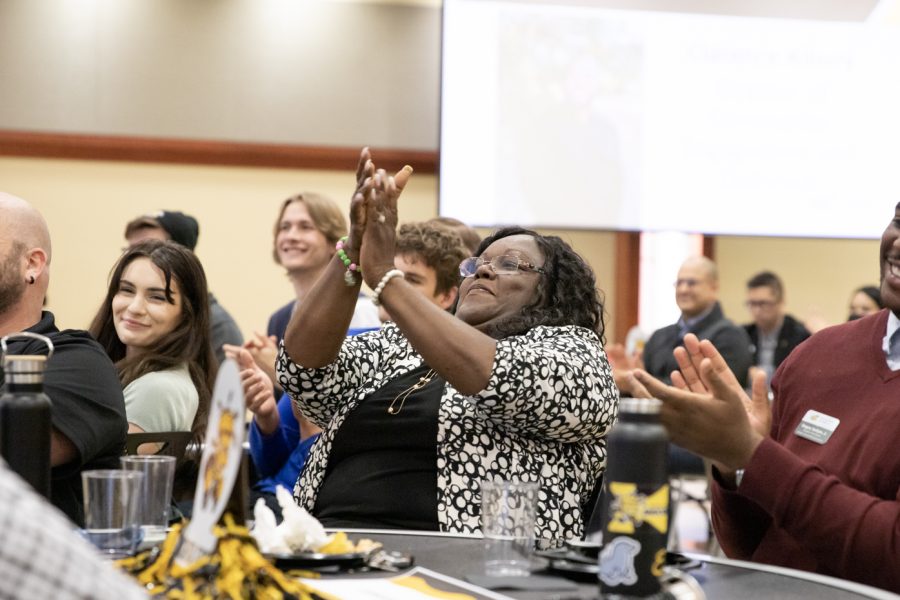 Chief diversity officer Marché Fleming-Randle claps in celebration at the end of SGAs Diversity, Equity and Inclusion Symposium, which marked the end of Diversity Week.