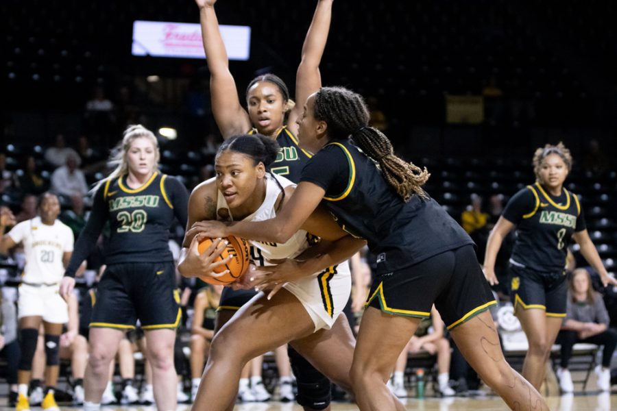 Senior+forward+Trajata+Colbert+goes+up+for+a+basket+during+the+exhibition+game+against+Missouri+Southern+on+Nov.+1+at+Charles+Koch+Arena.+Colbert+scored+14+points.+