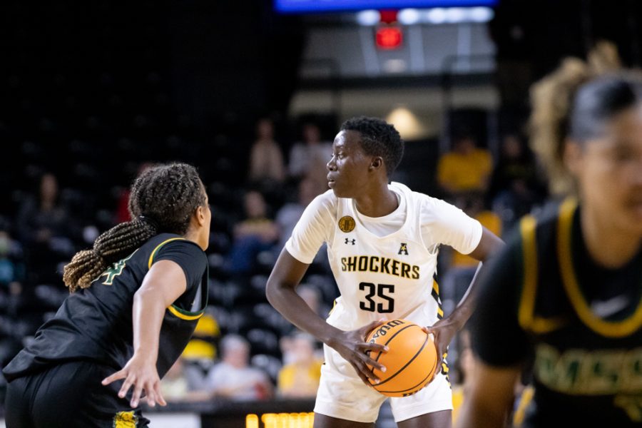 Senior+forward+Jane+Asinde+goes+to+make+a+pass+during+the+exhibition+game+against+Missouri+Southern+on+Nov.+1+at+Charles+Koch+Arena.+Asinde+had+15+points+and+17+rebounds.