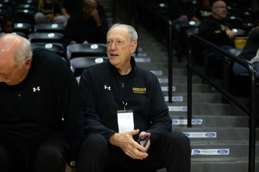 Mike Kennedy watches the Wichita State Basketball participate in Shocker Madness on Oct. 27 in Charles Koch Arena. Kennedy has been the voice of Wichita for over 40 years.