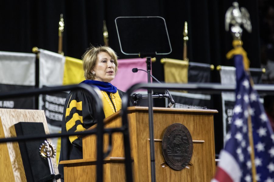 Mona Nemer gives the commencement address at the Fall 2022 Commencement ceremony.
