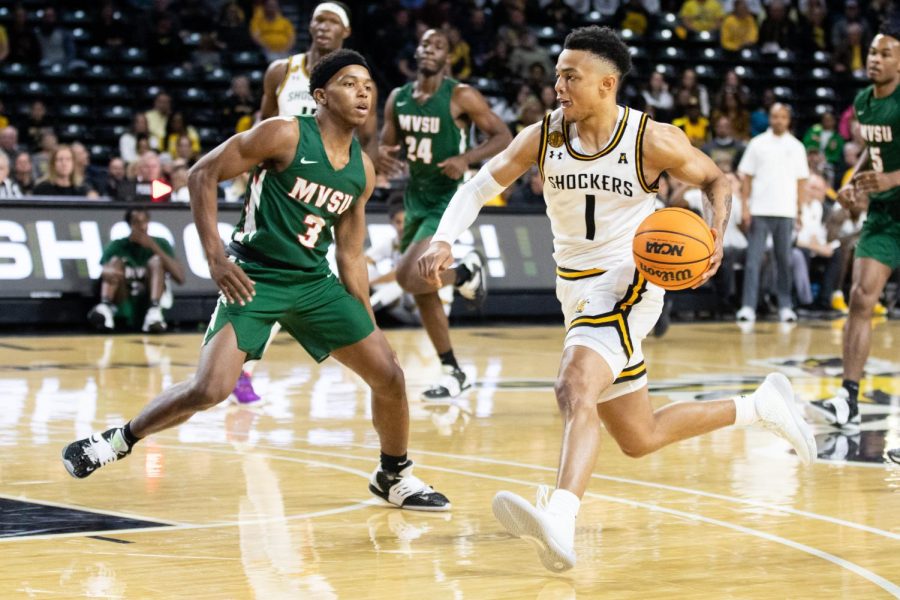 Sophomore guard Xavier Bell drives to the basket against Mississippi Valley State on Dec. 13. The Shockers won 71-48.