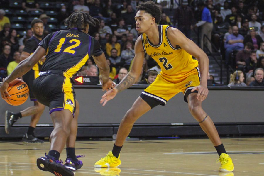 Redshirt+freshman+guard+Jalen+Ricks+looks+to+steal+the+ball+against+East+Carolina+on+Dec.+31.+Ricks+scored+three+points+in+the+Shockers+79-69+loss+against+the+Pirates.