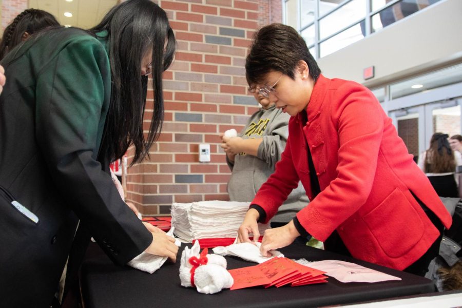 The WSU Japanese Students Association teaches event goers to fold rabbits from towels. The Office of Diversity and Inclusion hosted Lunar New Year event on Jan. 23.