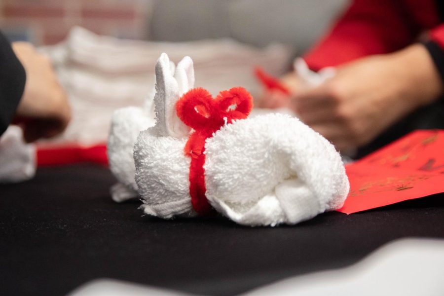 The WSU Japanese Students Association teaches event goers to fold rabbits from towels. The Office of Diversity and Inclusion hosted Lunar New Year event on Jan. 23.