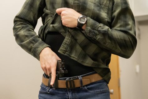 A civilian poses for a conceal carry photo on Jan. 18. The WSUPD worked with The Sunflower to safely take this photo.