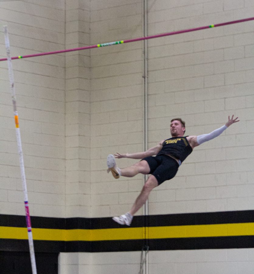 Kolby+Caster+free+falls+after+a+successful+pole+vault+on+Jan.+28+at+the+Shocker+Invitational.