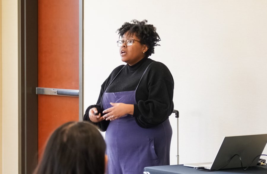 Tajahnae Stocker, anti-hunger advocate, speaks to students about food insecurity and hunger in the community during the College Hunger Tour in RSC on Feb. 14.