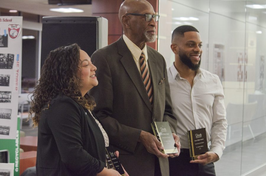 Alica Sanchez, Galyn Vesey, and Dr. Bobby Berry pose with their newly awarded Drum Major Awards. On Jan 31, the Office of Diversity and Inclusion awarded three Dr. Martin Luther King, Jr. Drum Major Awards during the The annual Dr. Martin Luther King, Jr. Commemoration.