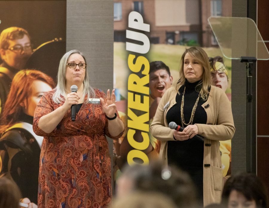 Denise Gimlin and Susan Castro talk to faculty, staff and administration at a university town hall on Feb. 7. Gimlin was the Staff Senate president; Castro was the Faculty Senate president.