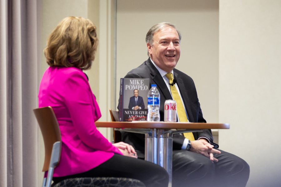 Elizabeth King, president and CEO of the WSU Foundation and Alumni Engagement, speaks to Mike Pompeo, former secretary of state and CIA director, about his new book Never Give an Inch at Wichita State on Feb. 10.