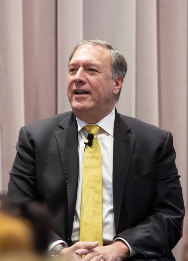Mike Pompeo, former secretary of state and CIA director, talks about his new book Never Give an Inch at Wichita State on Feb. 10. The event was moderated by Elizabeth King, president and CEO of the WSU Foundation and Alumni Engagement.