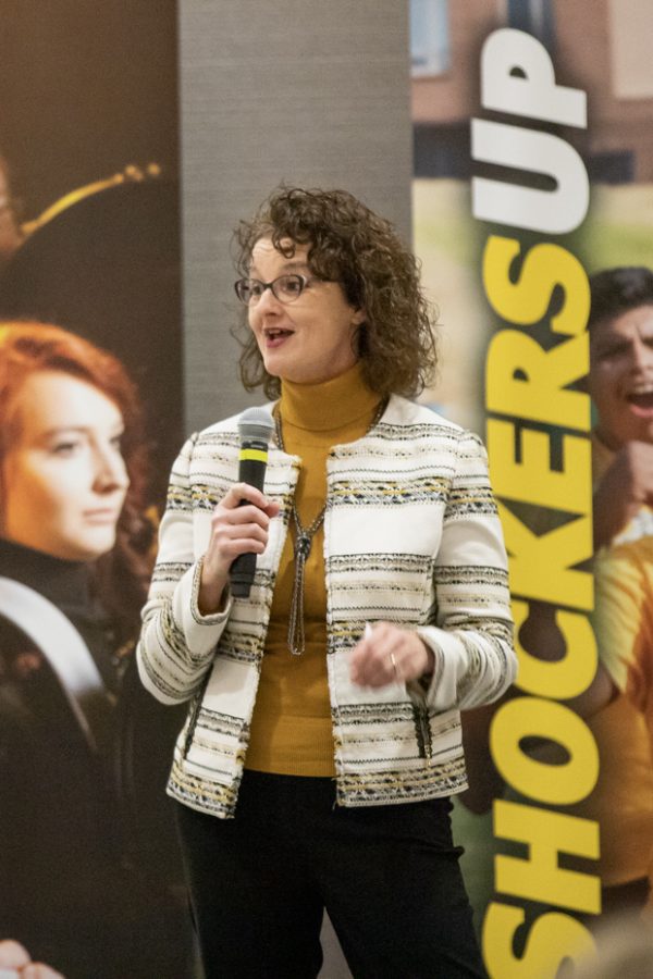 Misty Bruckner, Public Policy and Managment Center director, talks to faculty, staff, and administration at a university town hall on Feb. 7. The town hall was meant to dicusses ideas realating to the new Student Success and Persistence plan