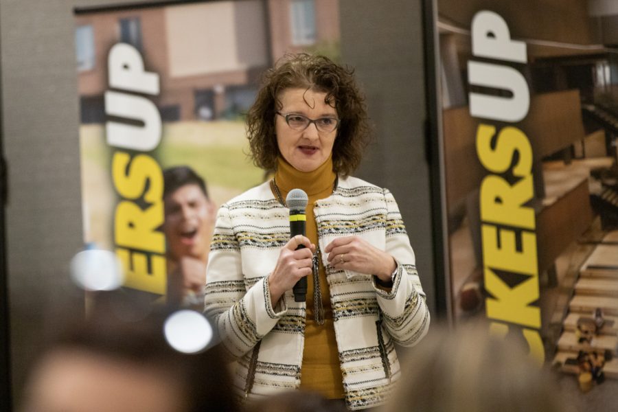 Misty Bruckner, Public Policy and Management Center director, talks to faculty, staff, and administration at a university town hall on Feb. 7. The town hall was meant to dicusses ideas realating to the new Student Success and Persistence plan