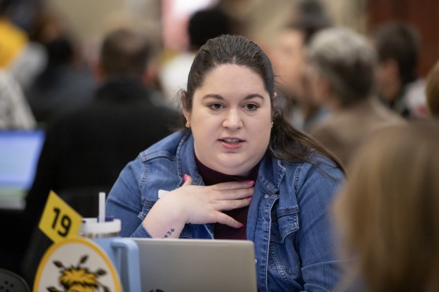 Recruitment Coordinator Rani discusses ideas surrounding WSUs new Student Success and Persistence plan. Ideas for the plan were discussed at a university town hall on Feb. 7.