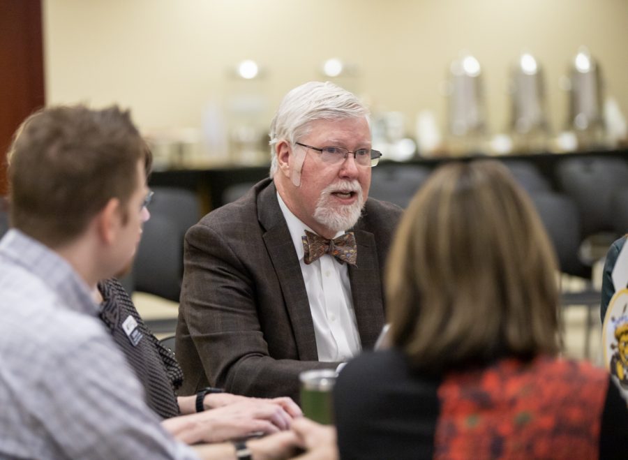 Greg Hand, dean of the College of Health Professions, discusses questions at a university town hall on Feb. 7. The town hall was meant to generate conversation on  change at the university.