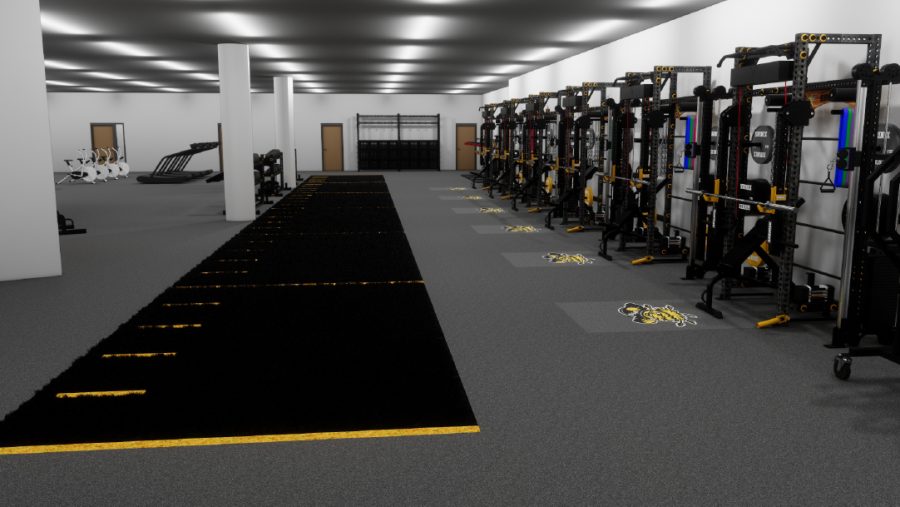 Mockup of the weightlifting area and Shocker branding that will appear in the renovated weight room in Charles Koch Arena.