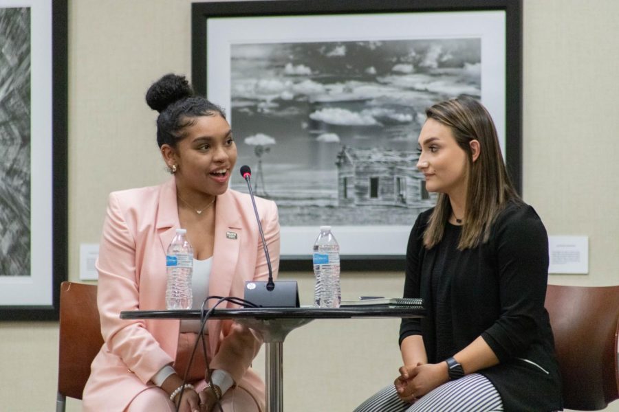 Presidential candidate Iris Okere and VP canidate Sophie Martins speak at the first round of debate on March 23. Okere and Martins ran on a Level Up campaign, which had five core values: transparency, civic engagement, retention, diversity, and accountability.