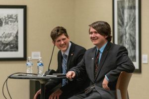 Presidential candiate Zane Berry and vice president candidate laugh during a conversation prior to March 28s debate.