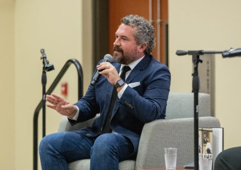 Cody Keenan, former director of speechwriting for President Barack Obama, answers questions from students at the 2023 Craig W. Barton Speaker Series on March 30. Keenan spoke on his experience as a speechwriter and gave advice to beginners.