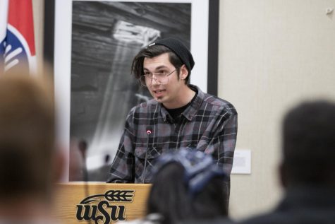 Luke Wagle, a criminal justice and political science student, speaks to SGAs Senate about the roadblocks he has faced as a dyslexic person on March 1.