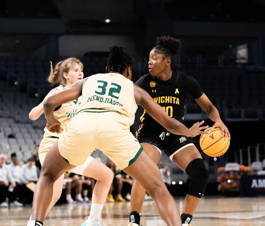 Sophomore Shamaryah Duncan looks to pass the ball to a teammate during the quarterfinals game against South Florida on March 7 at Dickies Arena.  Duncan scored nine points. 