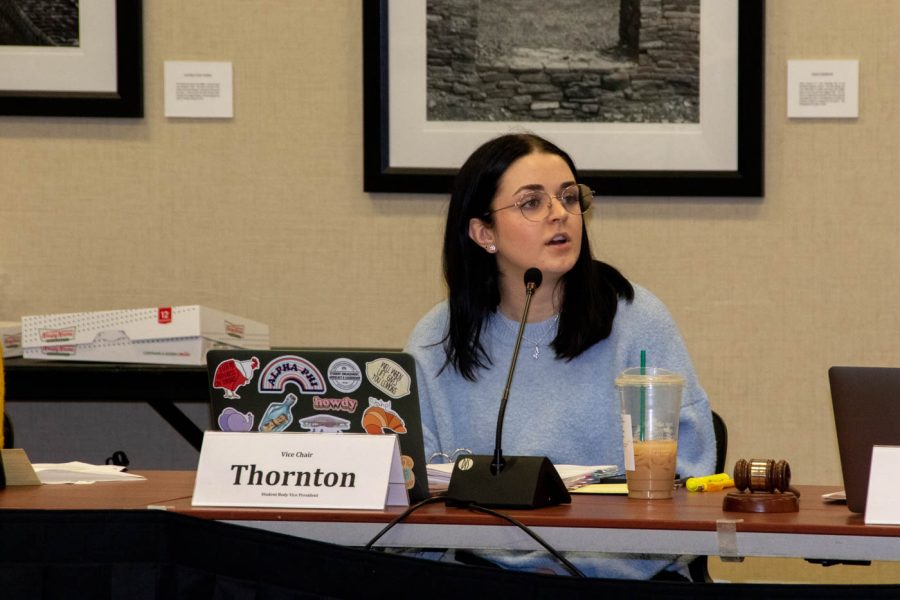 Student Body Vice President Mary Elizabeth Thornton adds her thoughts during the Student Fees meeting.