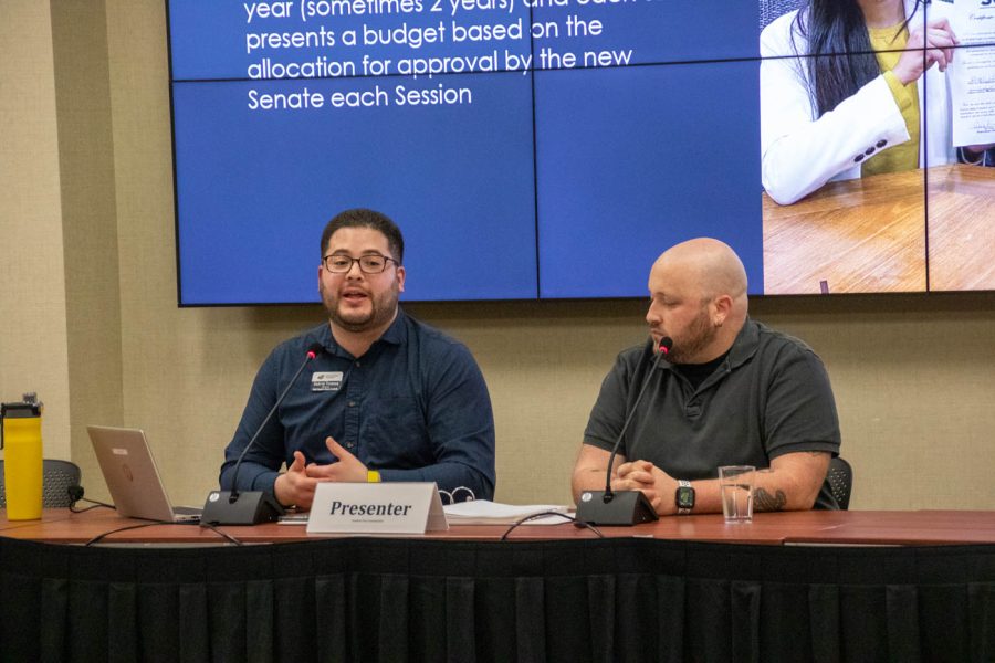 Gabriel Fonseca, SGA Advisor, and John Kirk, SGA President begin the SGA Student Fees meeting. The organization made a big emphasis on students being their primary focus.