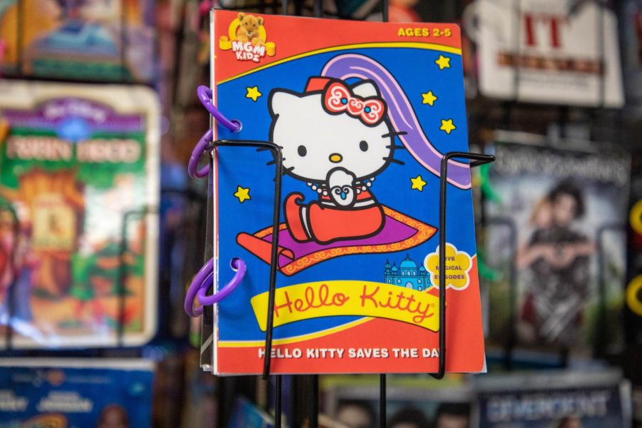 A cover from a Hello Kitty VHS box. Piper Prichard, a flim student at WSU,  makes the covers into bookmarks or small booklets in an effort to reuse every piece of the VHS tape. 
