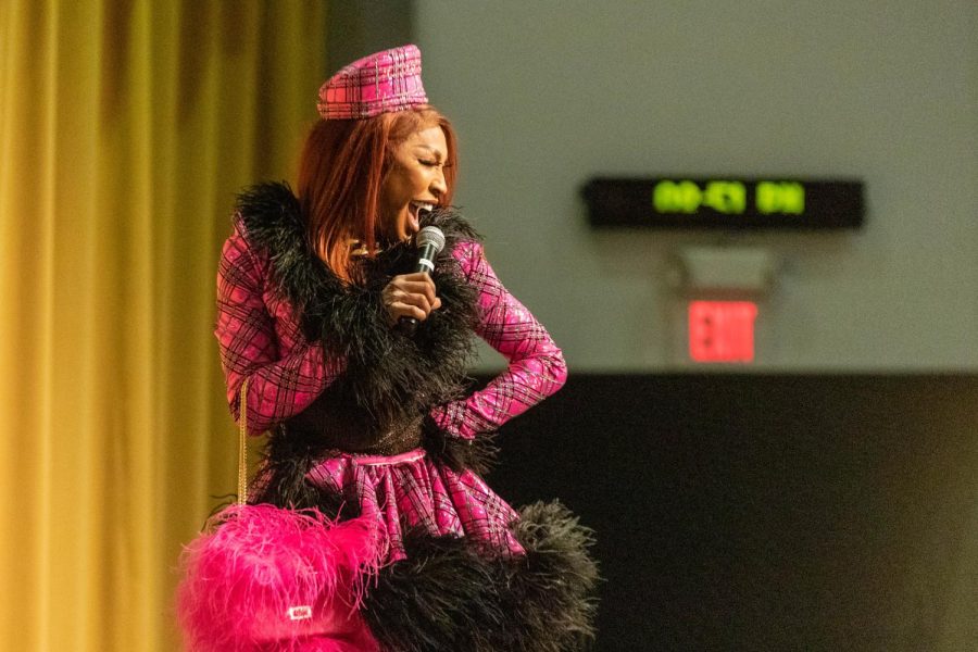 Drag Show MC AKeria Davenport, known for appearances on RuPauls Drag Race and Lizzos music video Juice, laughs with the crowd at the 13th Annual Drag Show. The Drag Show, unlike other years, restricted the show to those 18 and older.