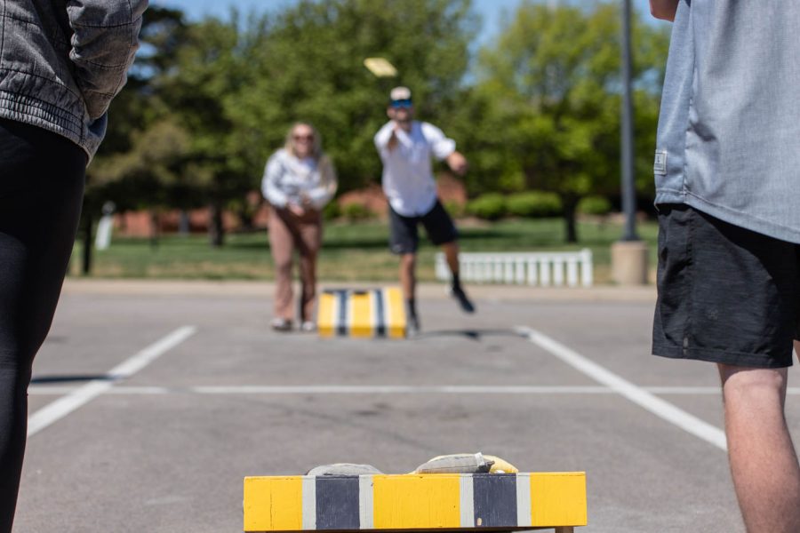During the Cornhole Intramural Tournament on April 29, team Bag Hags takes on team Feeling Corny in the winners bracket. The event had 18 participating teams in their double elimination style torunament.