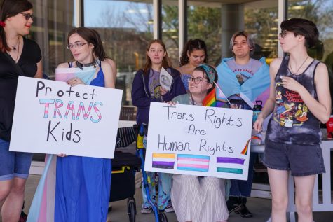 Students walk out of classes and meet in front of RSC to support transgender youth on March 31.