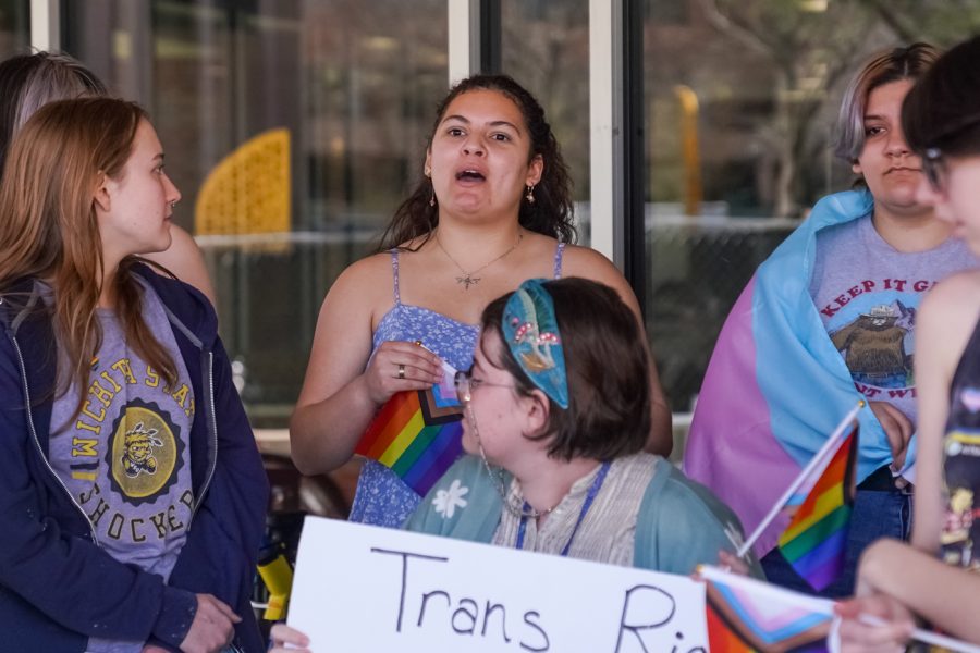 Cat Sanders, a music theater major, speaks out in support of transgender youth on Trans Day of Visibility. At Wichita State, students organized a walkout on March 31.