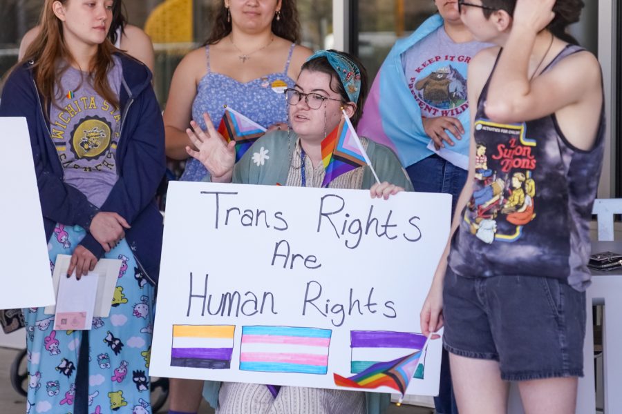 Mia Dennett, a film major, speaks to a reporter on Trans Day of Visibility on March 31. The event was held amidst a variety of legislation targeting LGBTQ people in the state legislature. 
