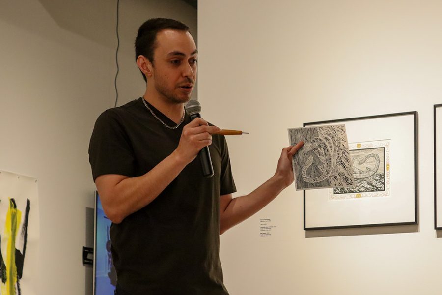Hernandez ties his culture and upbringing into his printmaking at an artist talk on April 4.