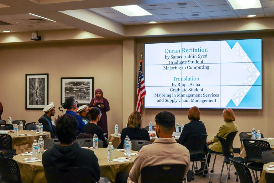Ruqia Arabia speaks to members and guests at the Ramadan Iftaar Banquet on April 17.