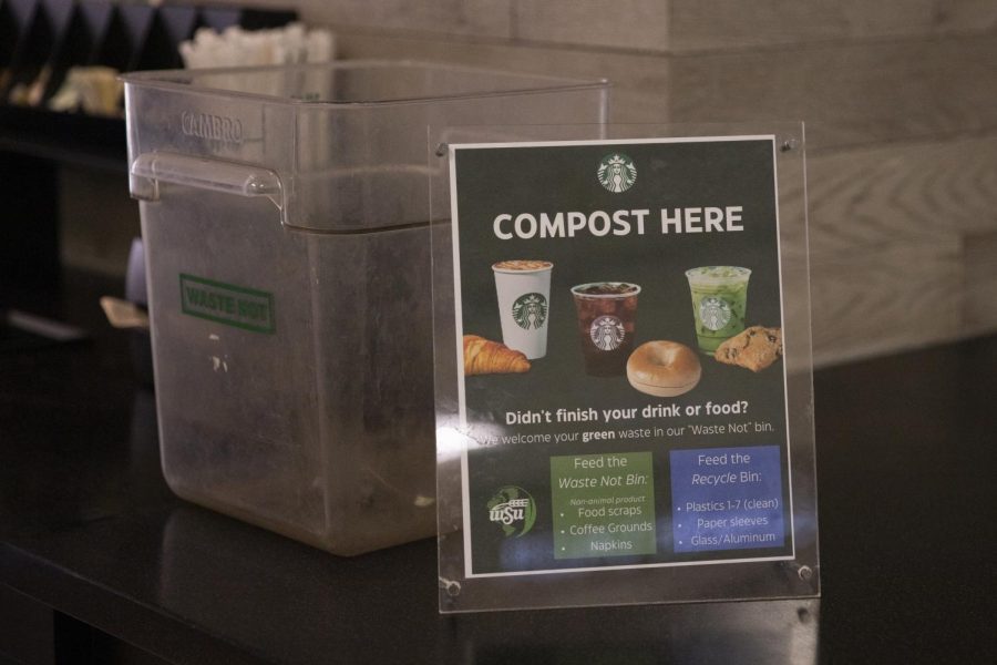 In honor of Earth Month, the Rhatigan Student Center Starbucks has put out a Waste Not bin for people to put unfinished food scraps, napkins and coffee grounds into.
