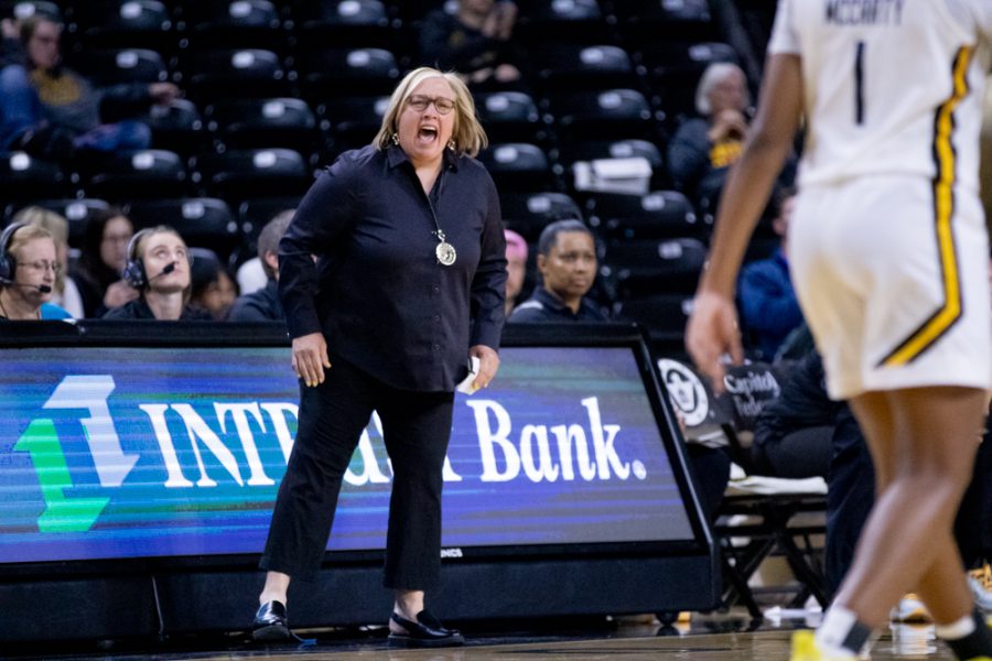 Keitha Adams yells instructions to her team during the game against Missouri Southern on Nov. 1 at Charles Koch Arena. Adams was named the Wichita State head womens basketball coach on March 29, 2017.