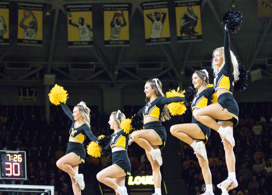 The Cheerleading team cheers on the Shockers during the game on Feb. 2 against Houston at Charles Koch Arena.