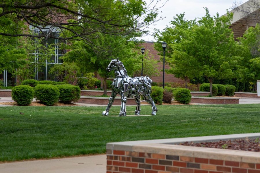 The Grandfathers Horse sculpture by John Walter Kearney, near Shocker Hall and Hubbard Hall on May 4, 2023.
