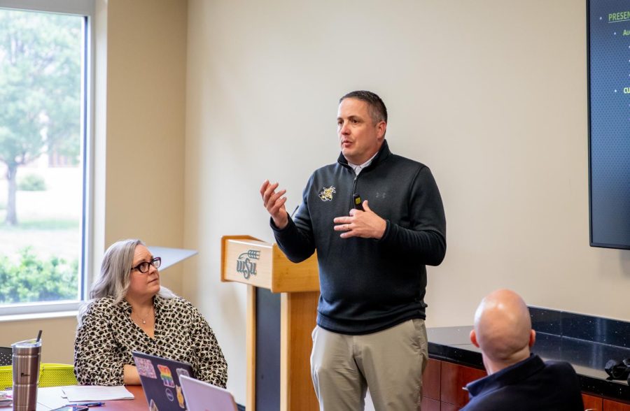 Athletic Director Kevin Saal speaks to the Staff Senate on May 17.