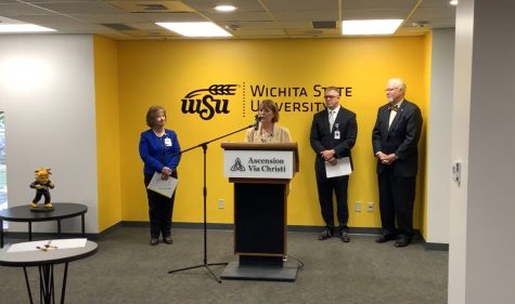 Laurie Labarca, Ascension hospital president, WSU Provost Shirley Lefever, Kevin Strecker, Ascension COO, and Gregory Hand, College of Health Professions dean, at the announcement of a continued partnership between Ascension Via Christi and Wichita State.
