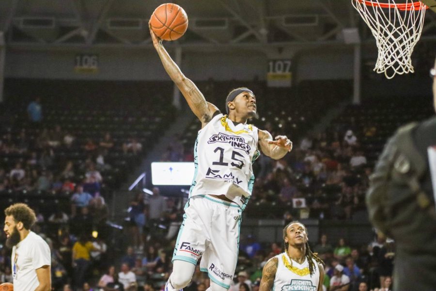 SkyKings forward Kam Williams goes up for a dunk during the game between the Wichita SkyKings and the Little Rock Lightning on May 28. The SkyKings defeated Little Rock, 142-85.