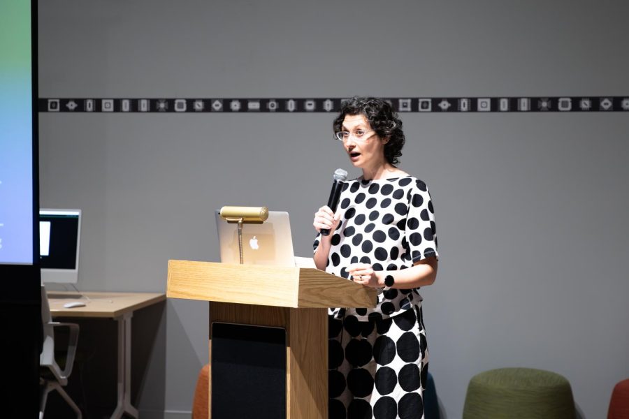 Ksenya Gurshtein, curator of modern and contemporary art at the Ulrich Museum of Art, introduces artists Halsey Burgund at the How to Strand Astronauts on the Moon artist talk on June 8.