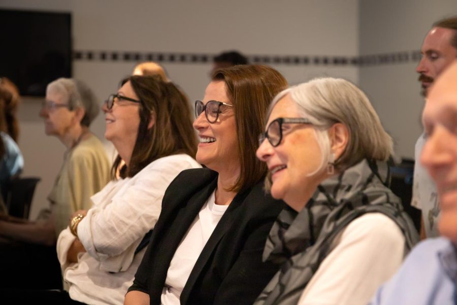 Audience members laugh at the Ulrich Museum of Art on June 15.