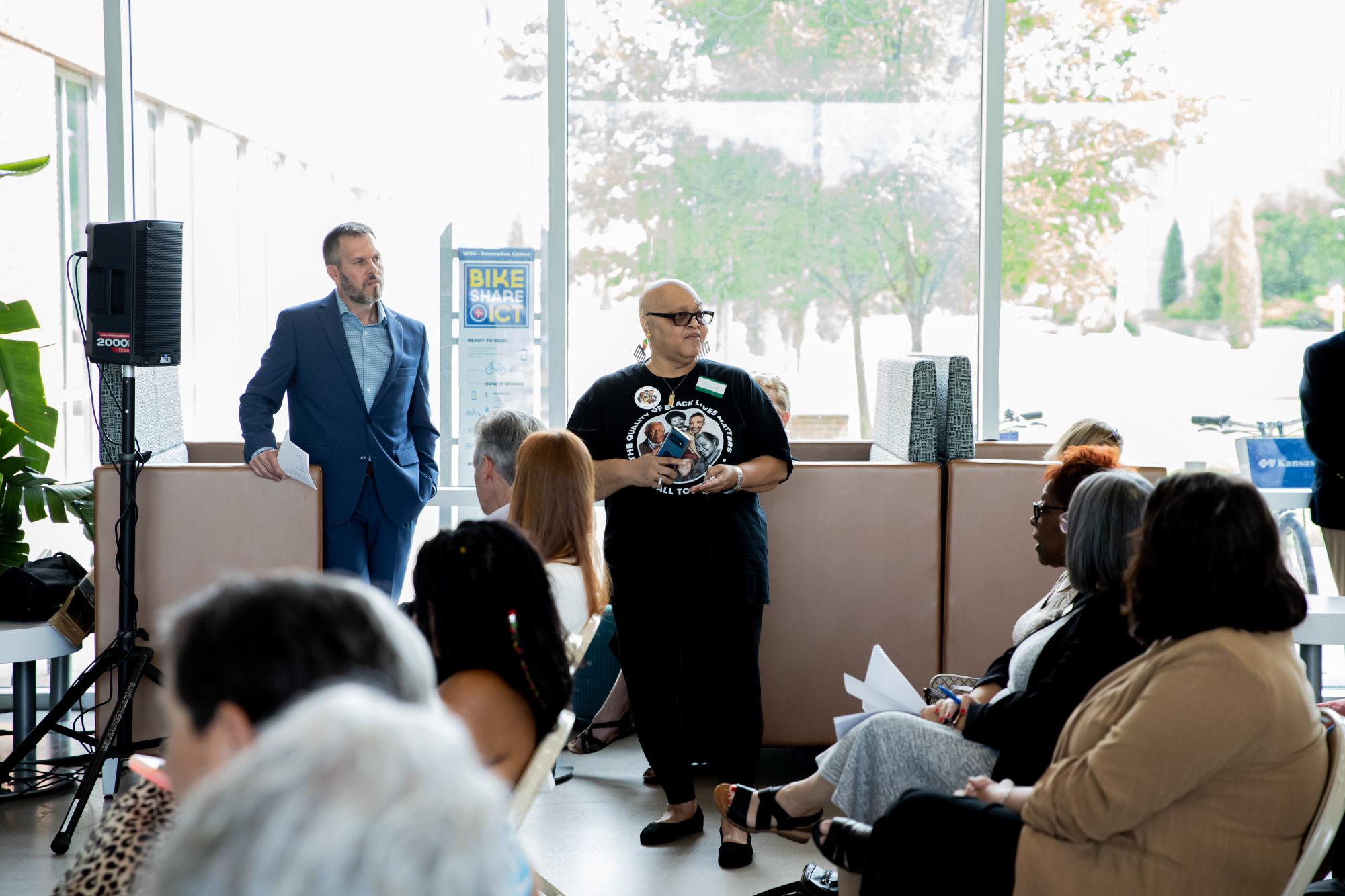 Mary Dean, president of Black Women Empowered in Wichita, Inc., and Kansas Justice Advocate, Inc., speaks out an event about the new Heartland Environmental Justice Center on July 12. Dean talked about the lack of representation of and discussion with the Black community.