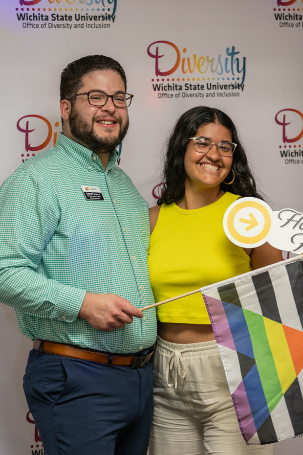 Gabriel Fonseca, interim executive director of Student Engagement, poses with Valerie Paunetto, the director of legislative affairs and policy for SGA, at the photo booth on Aug. 30. The ODI open house event was hosted in the ODI office, on the second floor in the RSC.