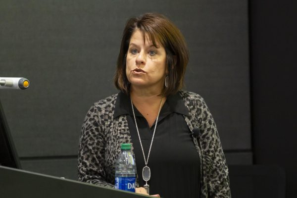Ashlie Jack, associate vice president for institutional effectiveness at Wichita State, talks to the Faculty Senate on Aug. 28, 2023. Jack told senators about the much talked about program review process and framework.